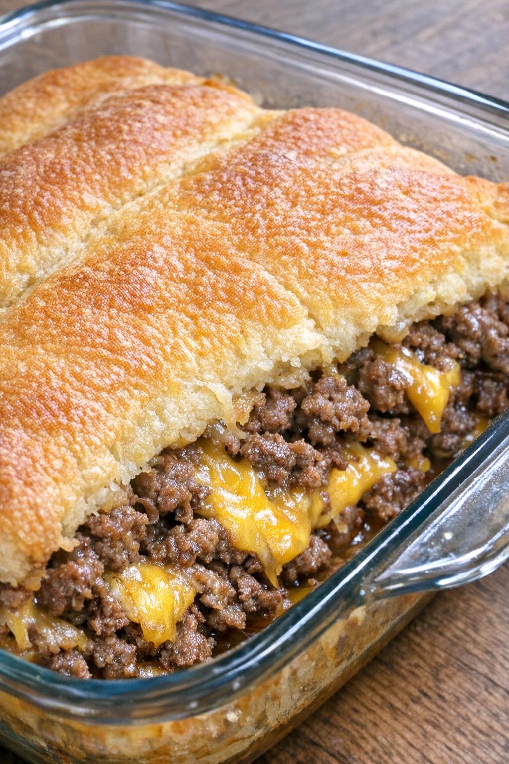 Oven baked 4-ingredient beef crescent bake in a glass casserole dish