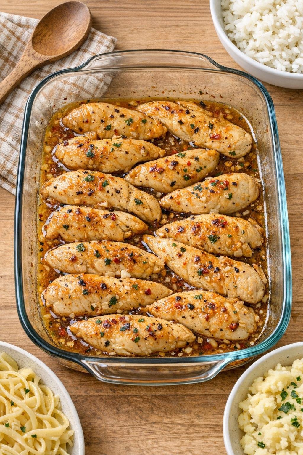 Finished baked chicken tenderloins in a glass casserole dish