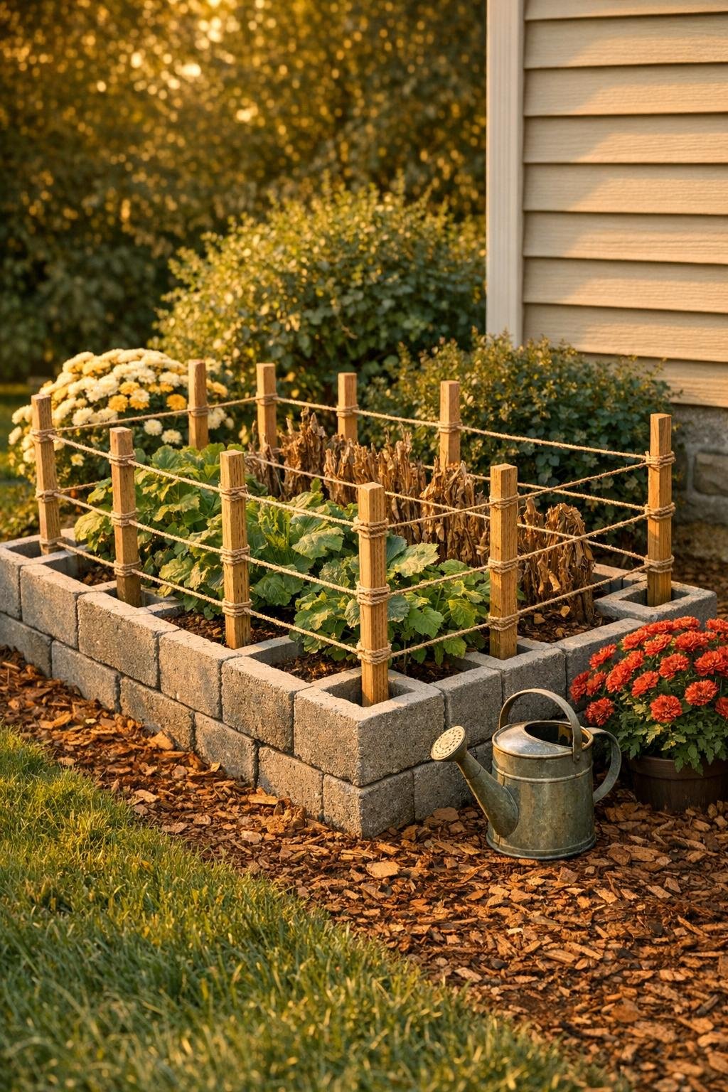 Finished fall garden bed support system made from stacked cinder blocks