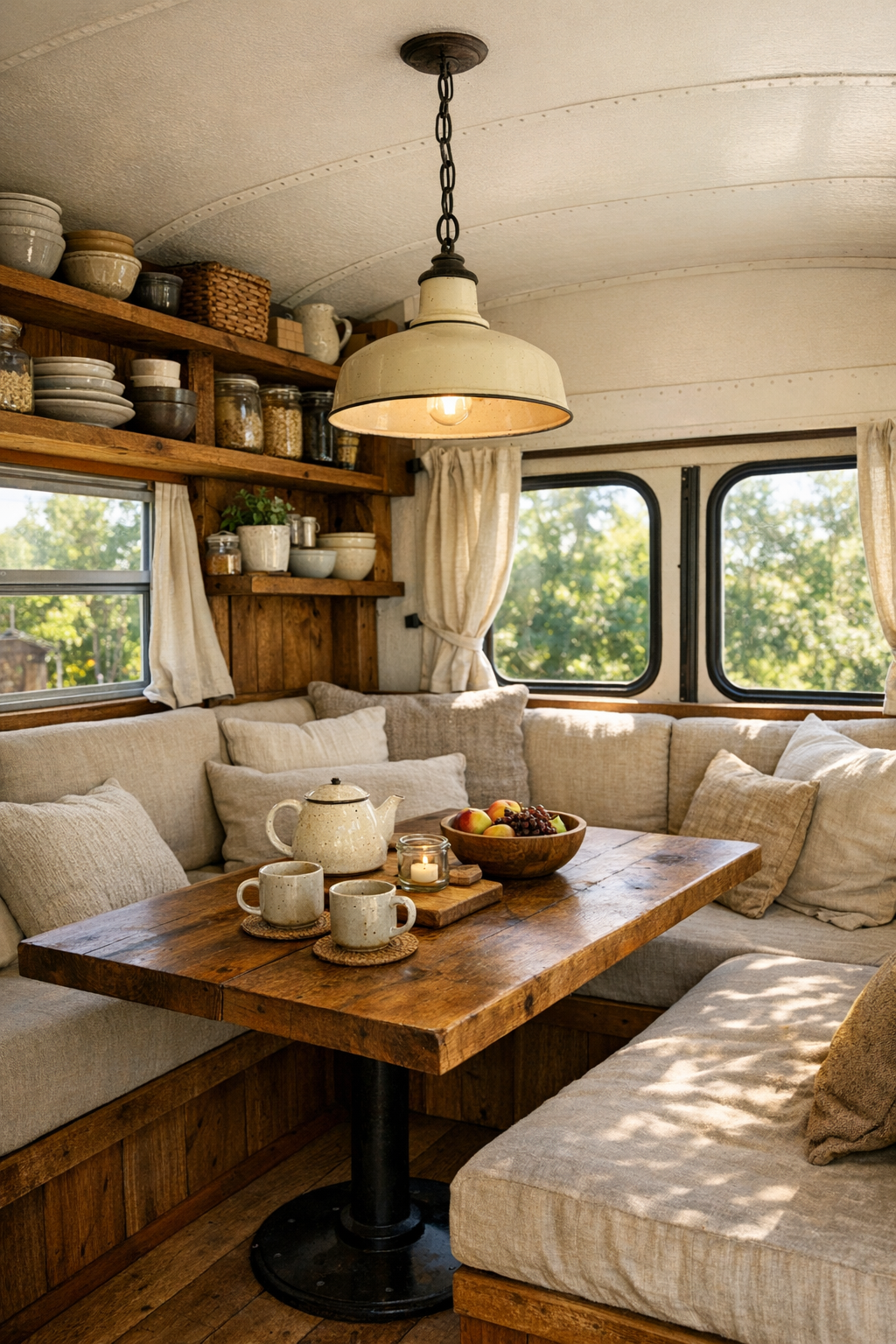 Cozy dining nook in a converted bus with a wood table and built-in banquette