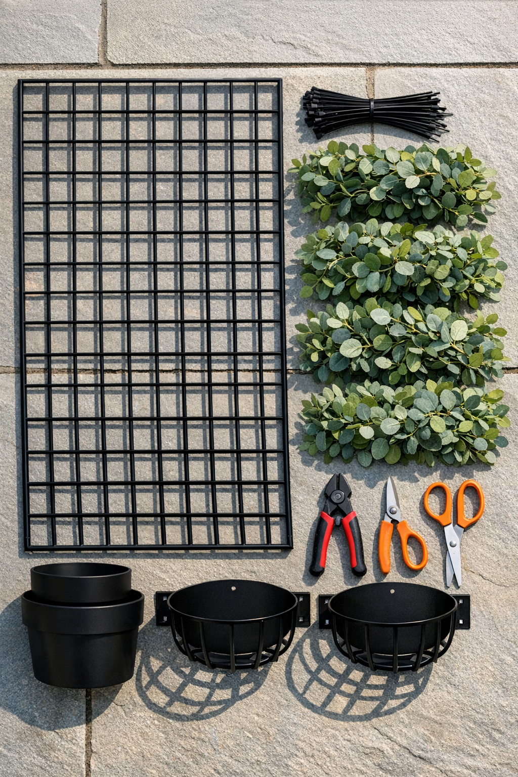 All materials for the outdoor privacy screen laid out together
