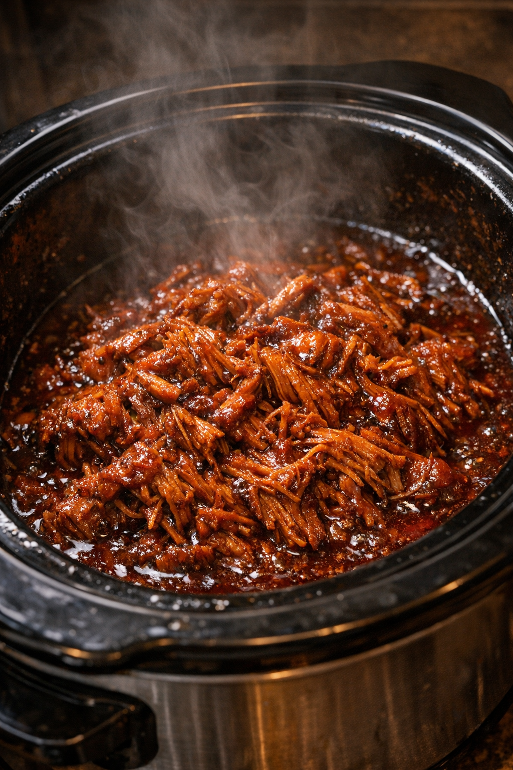 Slow cooker pulled protein in dark crimson sauce