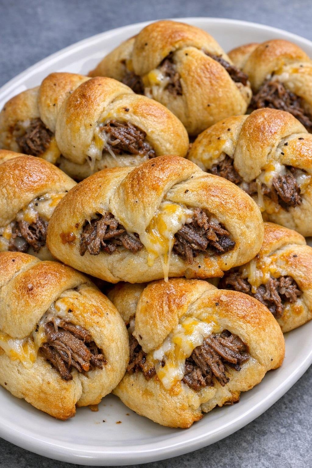Golden brown beef and colby jack crescent knots on a white platter
