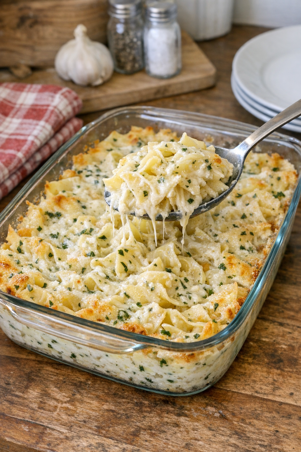 Baked garlic herb cheese noodles in a casserole dish