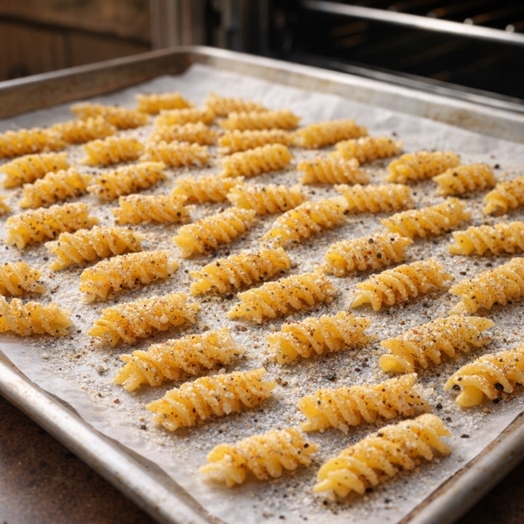 Pasta arranged on a parchment-lined baking sheet