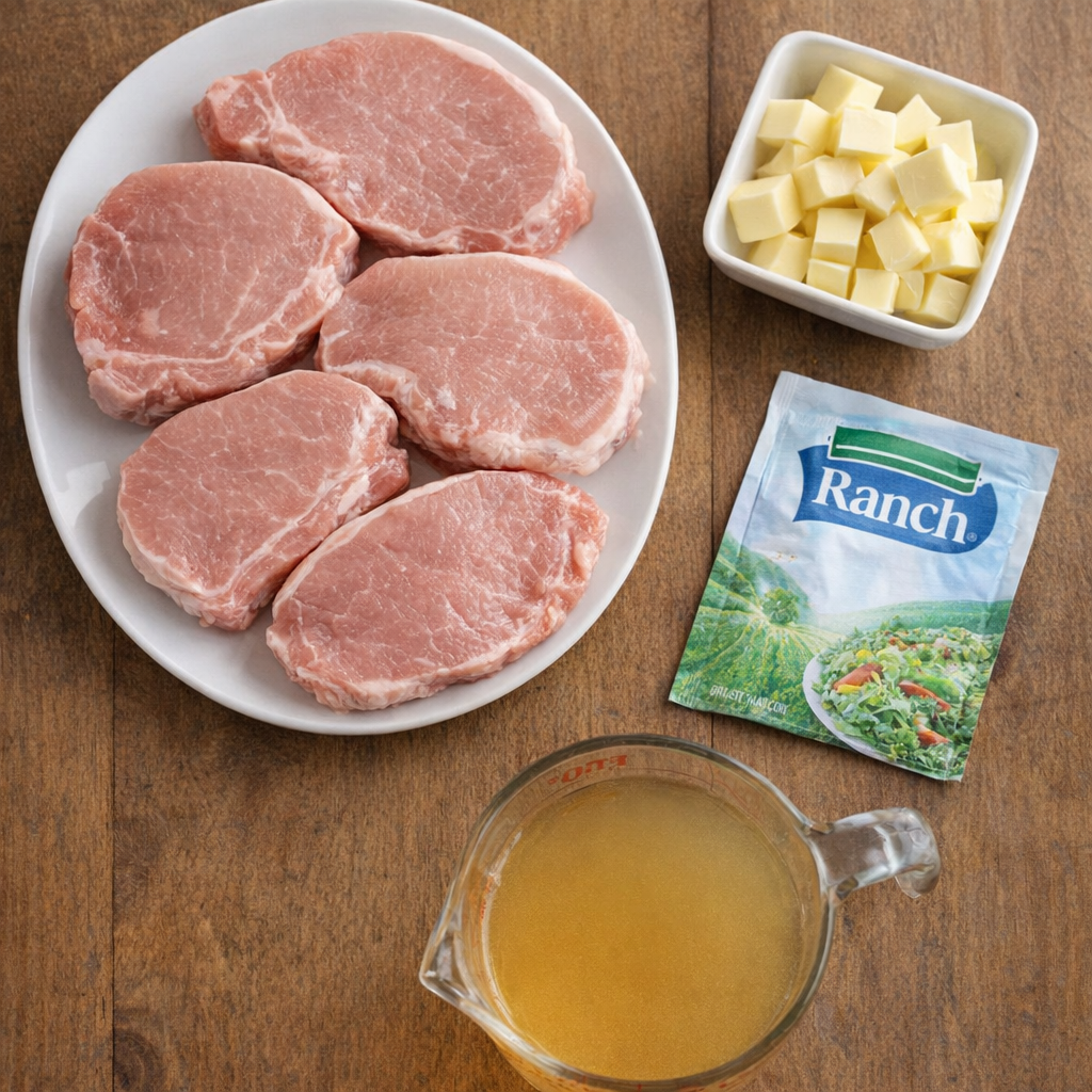 Simple four ingredients for ranch pork chops laid out on a table