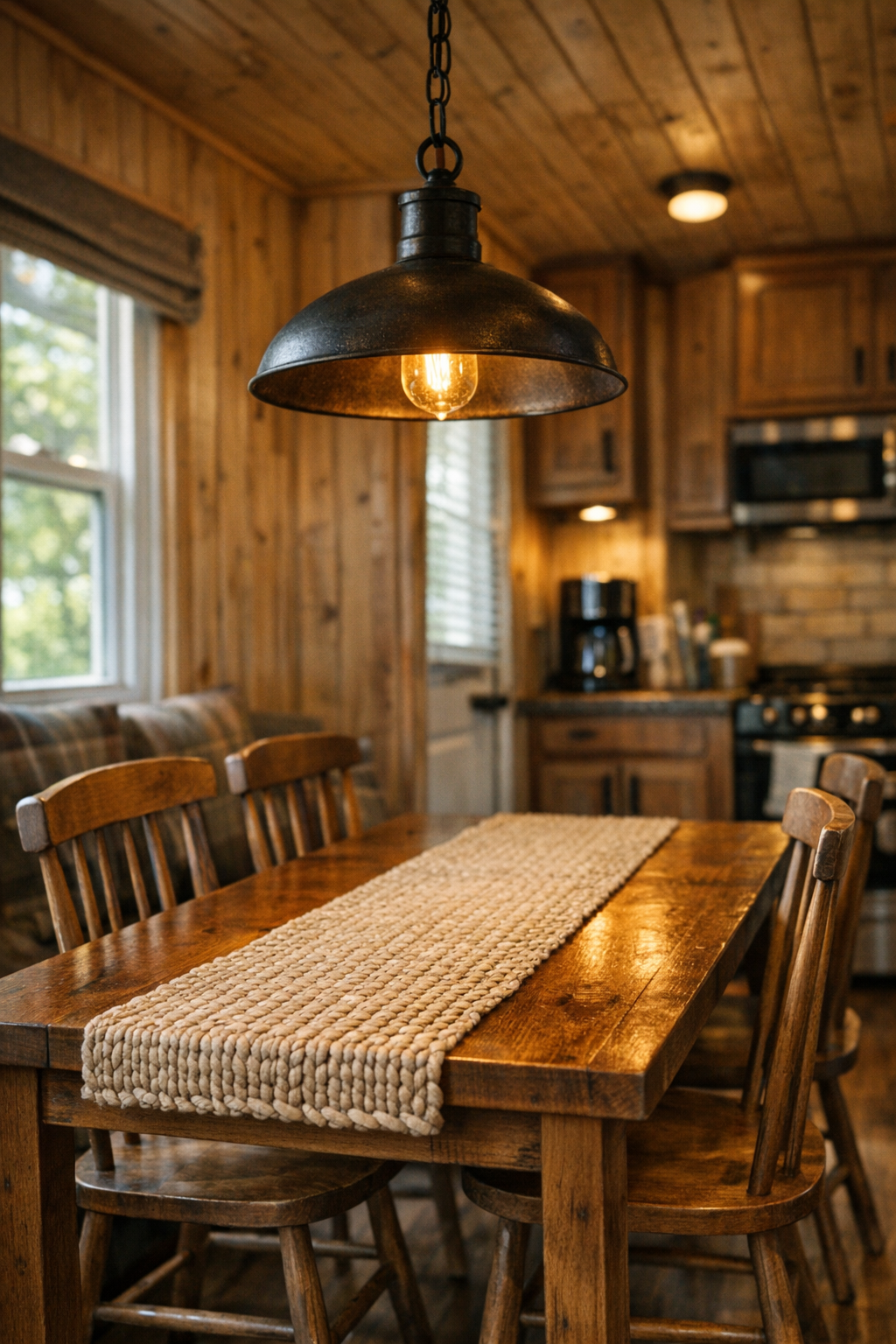 Cozy cabin dining area with a solid wood table, simple chairs, and warm pendant light