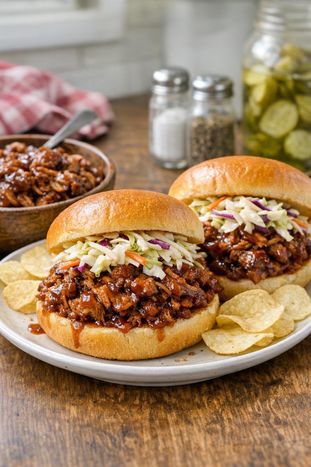 Finished pulled pork served on buns with slaw
