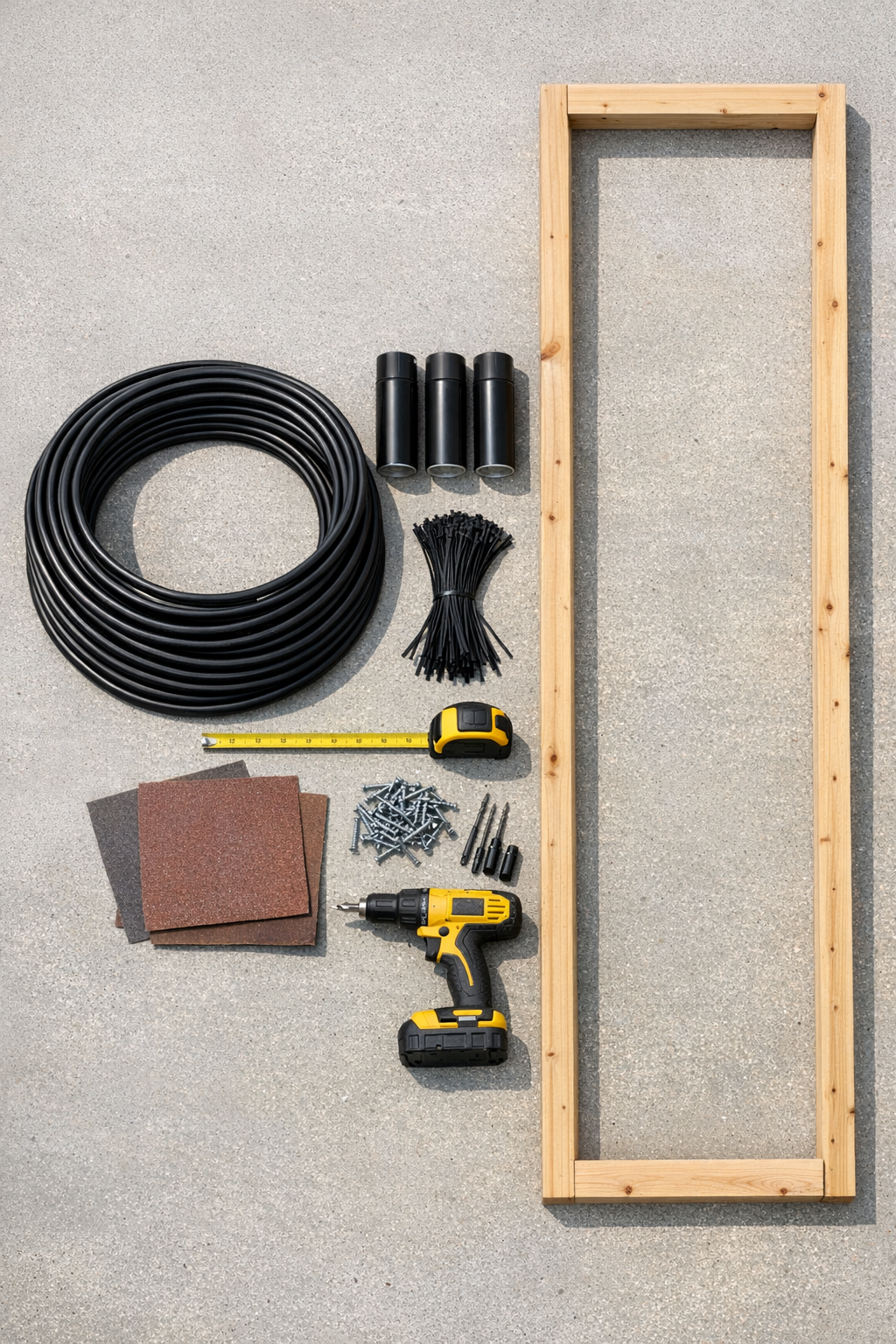 Materials for a faux wrought iron porch trellis laid out neatly