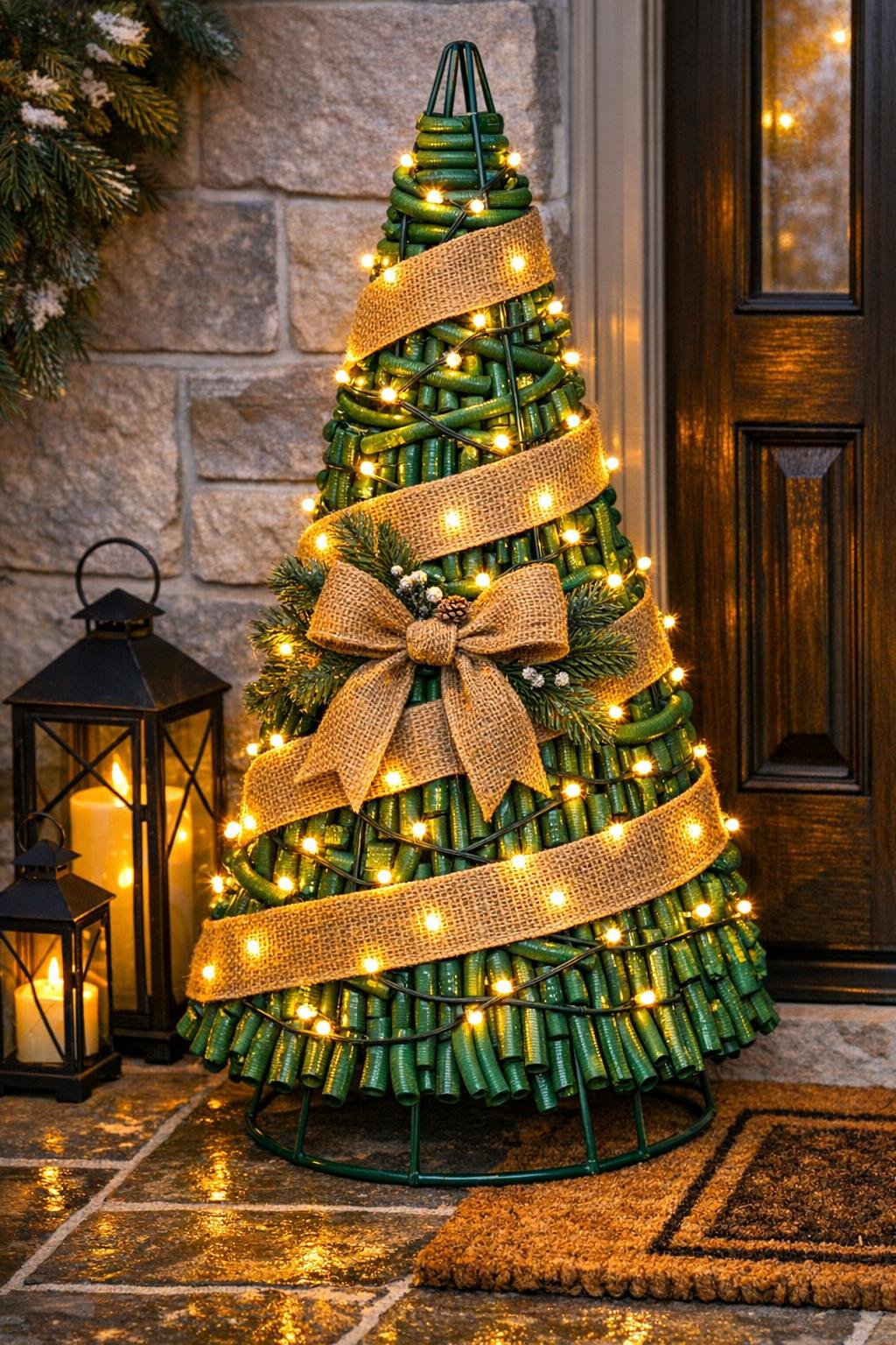 Finished winter porch cone made from a tomato cage and garden hose offcuts