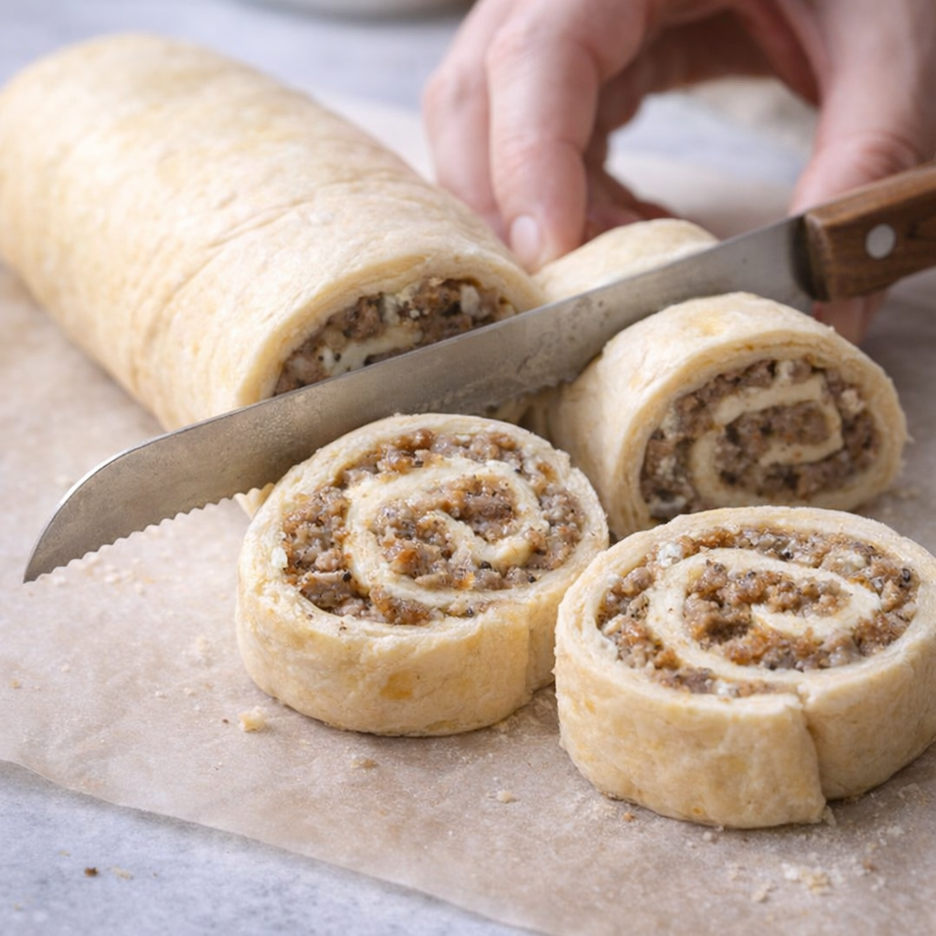 Pinwheel dough log being sliced into rounds