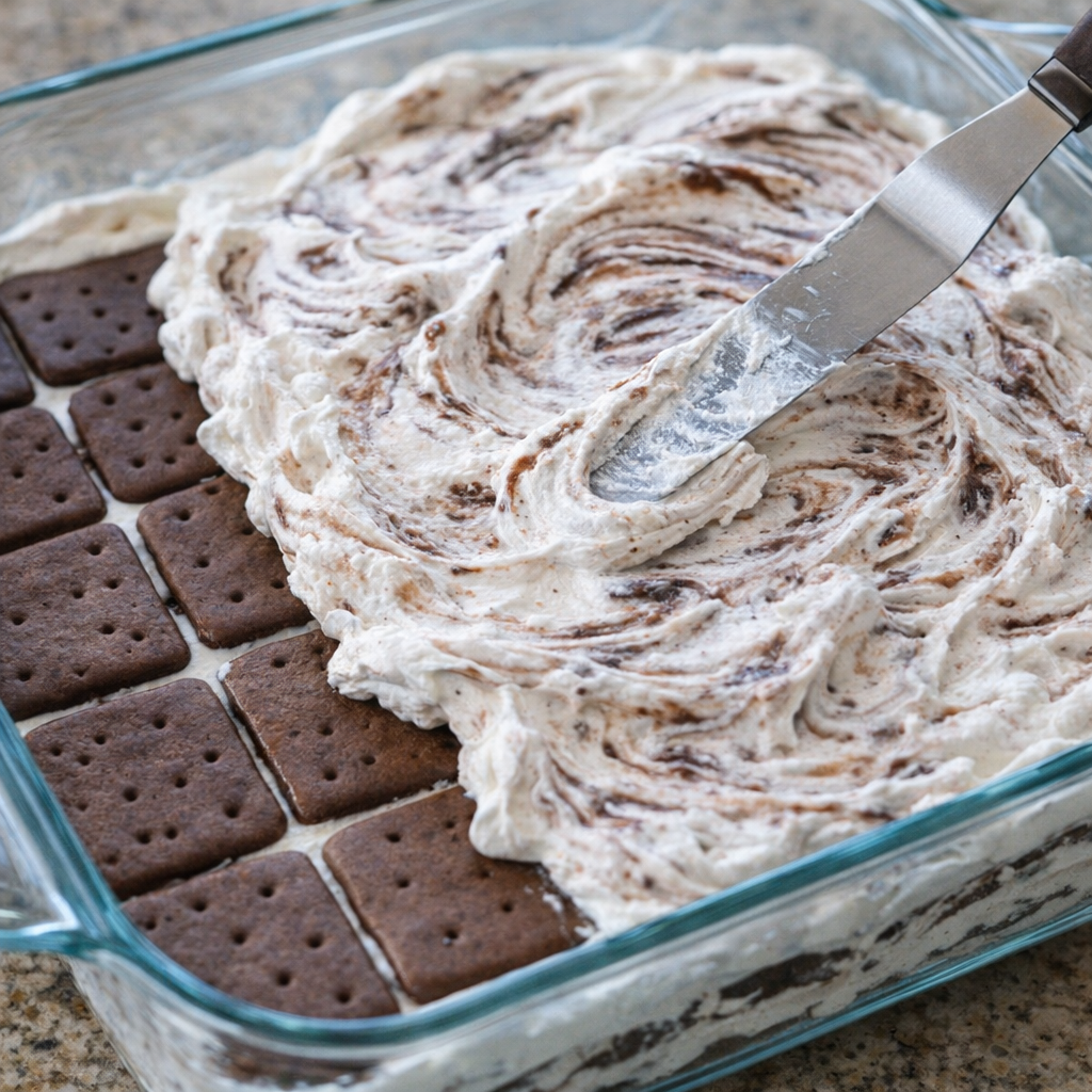 First layer of ice cream sandwiches topped with chocolate whipped mixture