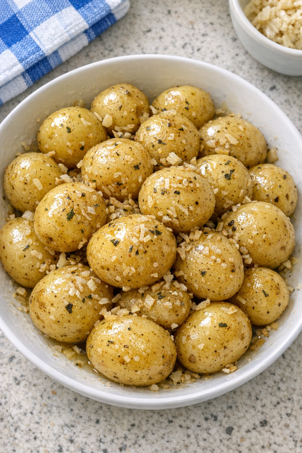 Finished slow cooker baby Dutch yellow potatoes in a serving bowl