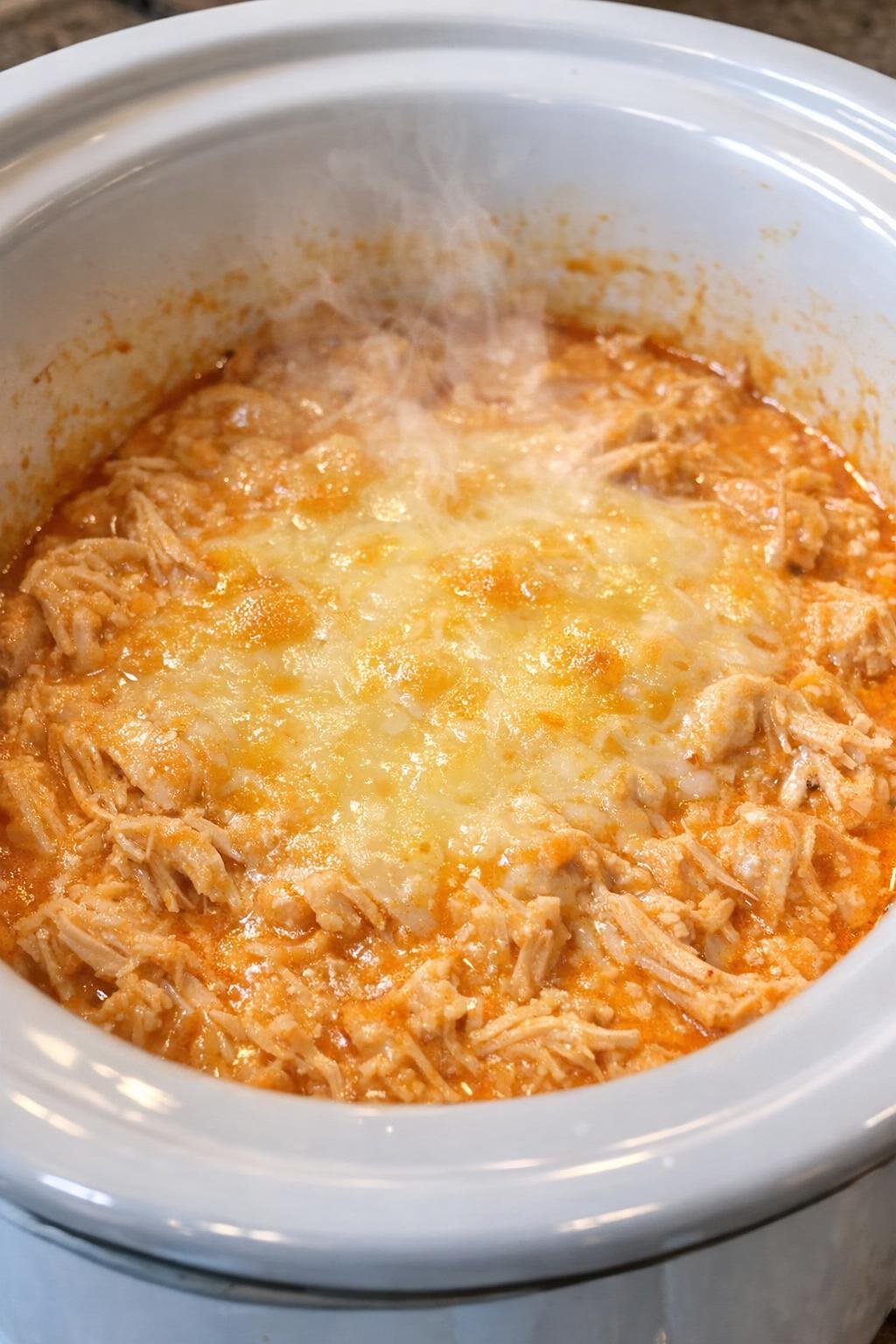 Slow cooker buffalo chicken dip in a white crock