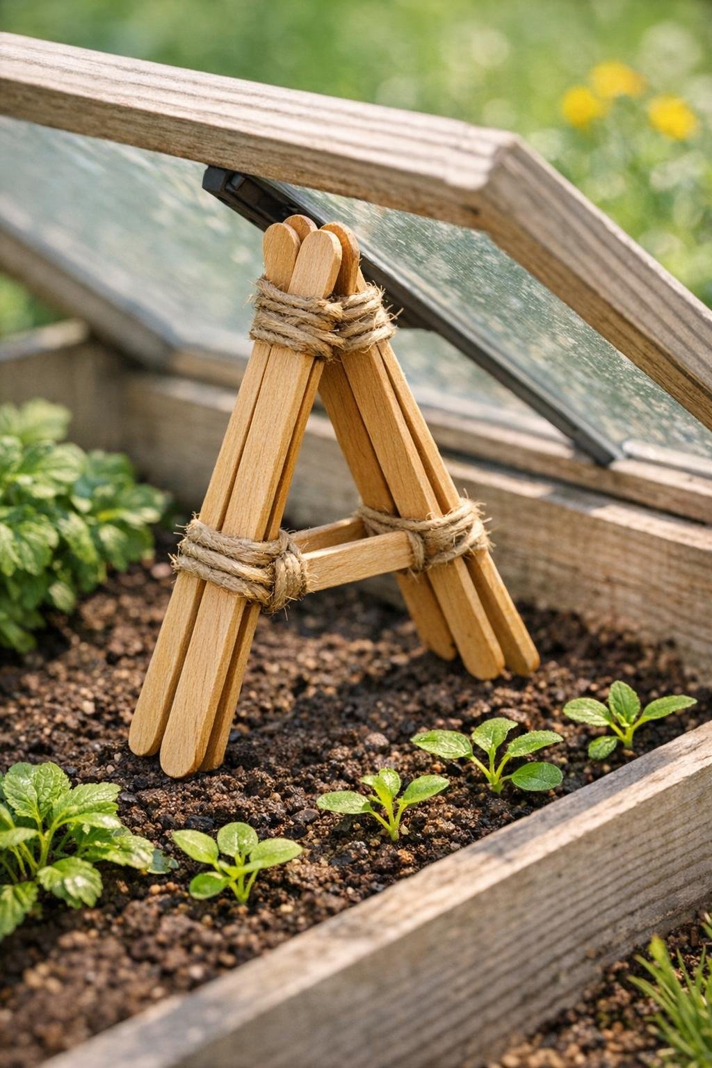 Finished popsicle stick cold frame vent prop holding open a cold frame lid