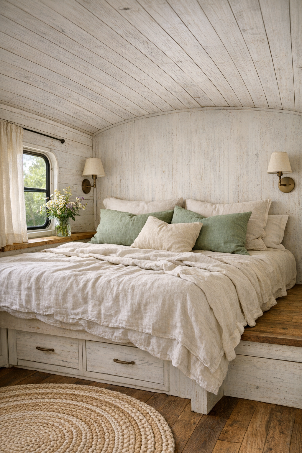 Serene bus bedroom with raised bed platform and linen bedding