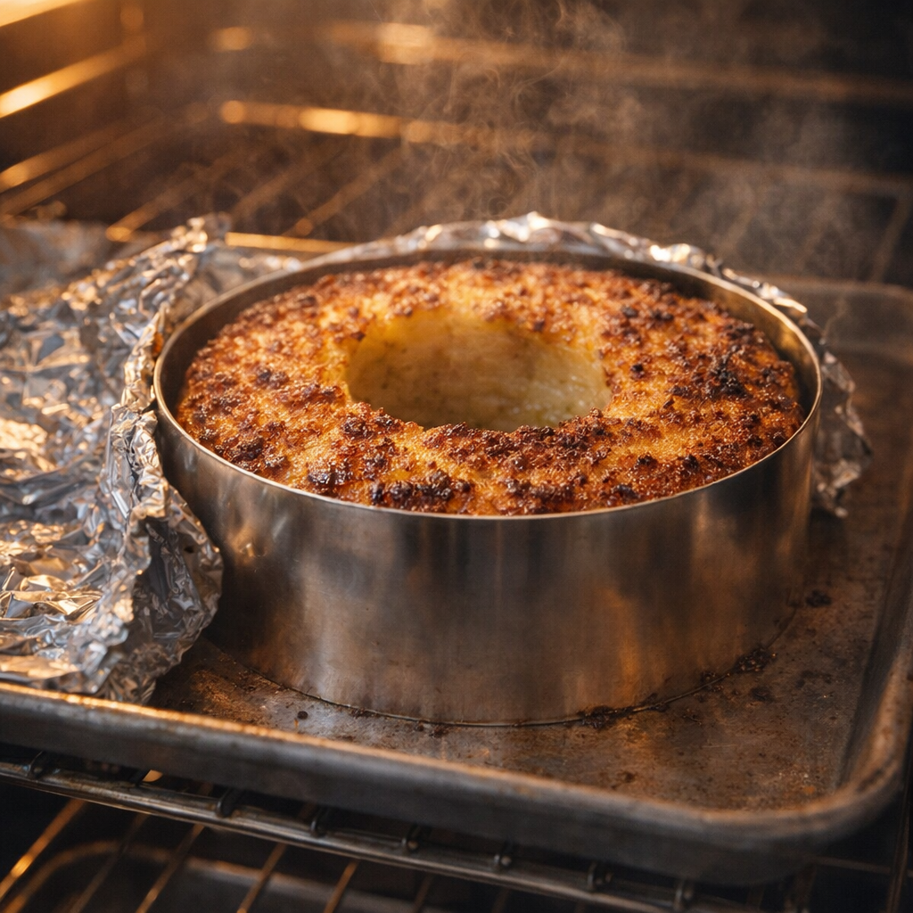 Potato ring baking until deeply golden in the oven