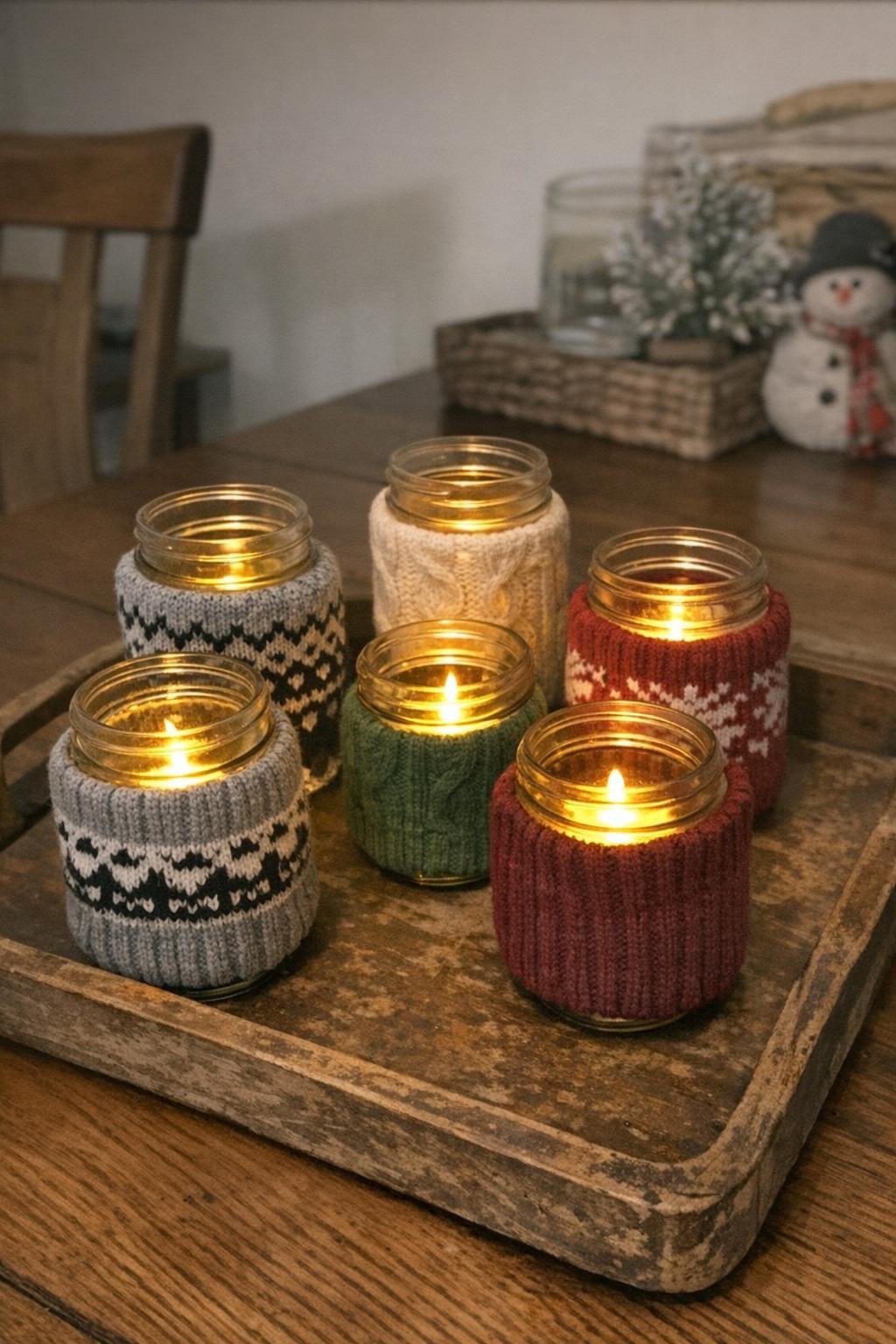 Mason jar luminaries wrapped in knit sock cuffs with soft light inside