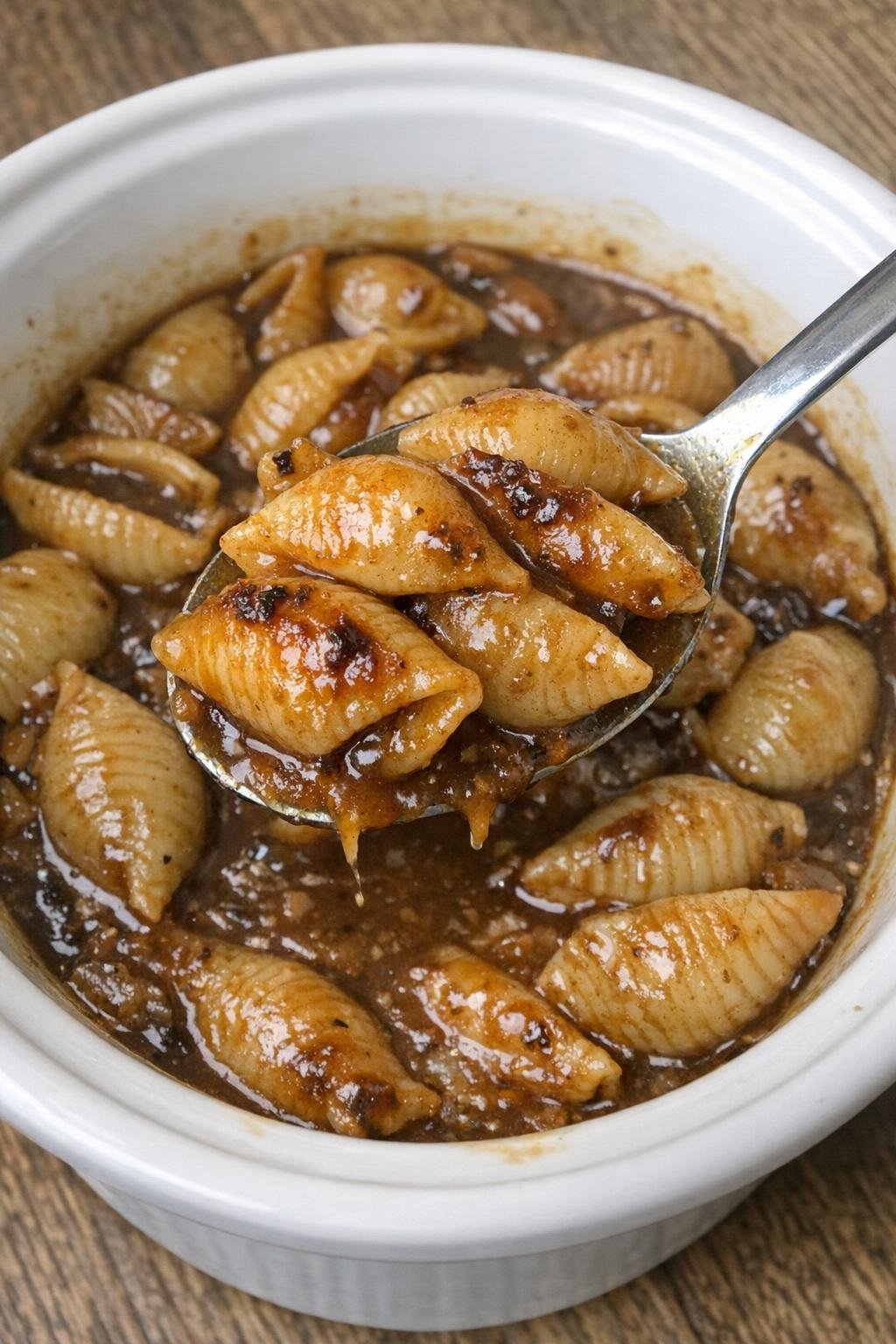 Dikke pastaschelpen in een hartige bruine saus.