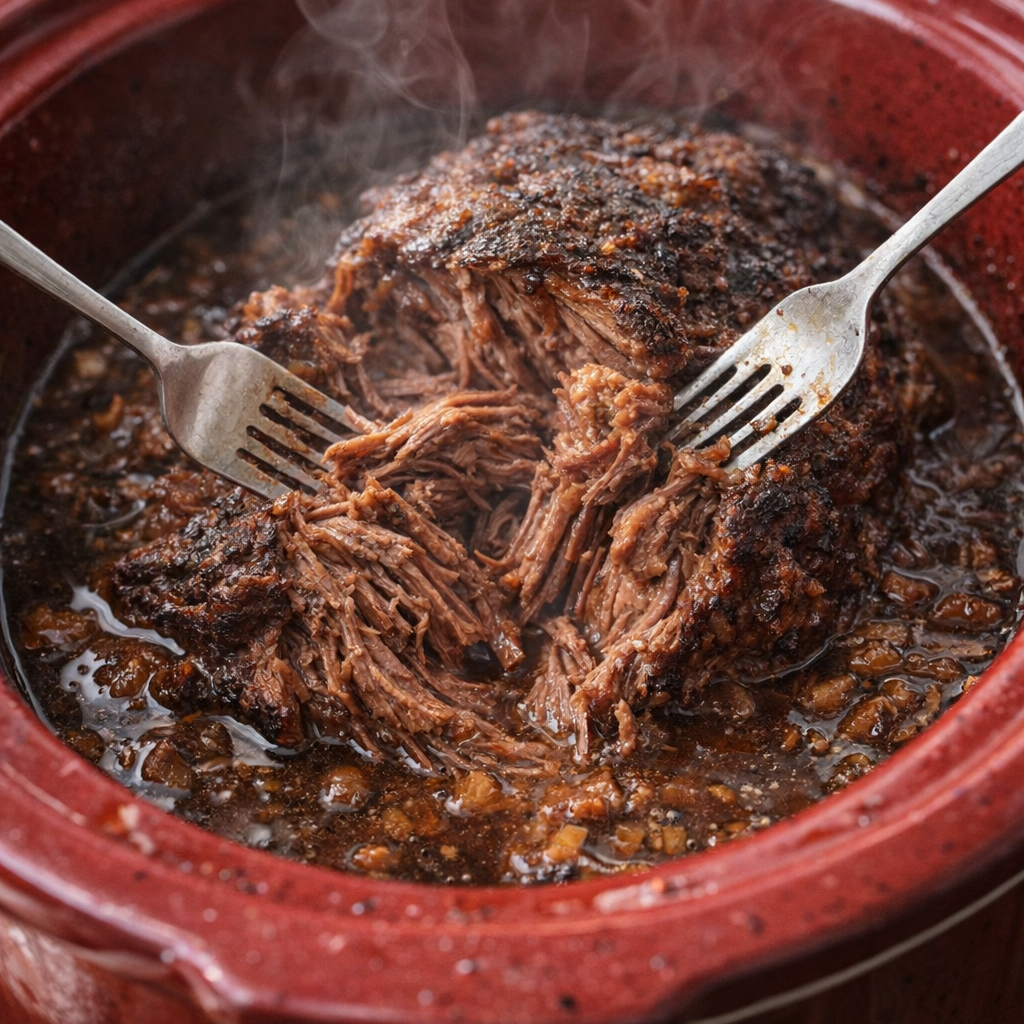 Tender pot roast being pulled apart with forks