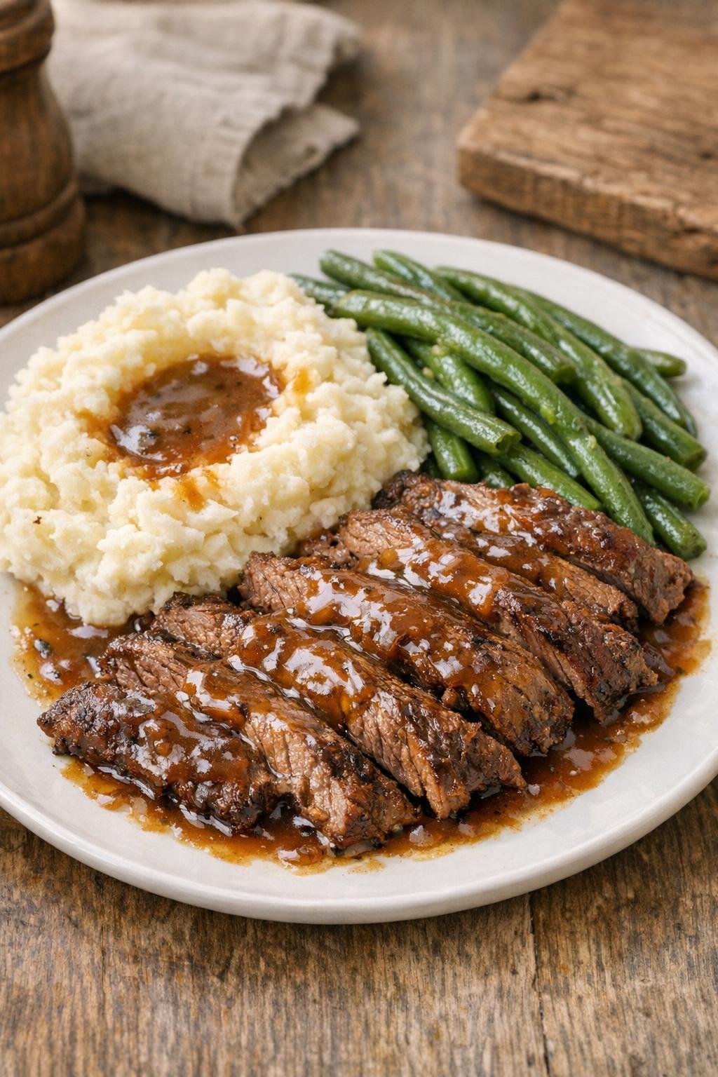 Finished slow cooker skirt steak plated with classic sides