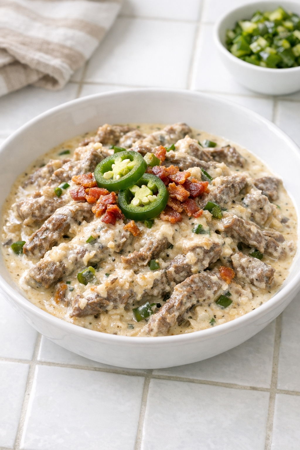 Finished jalapeno popper beef plated in a bowl
