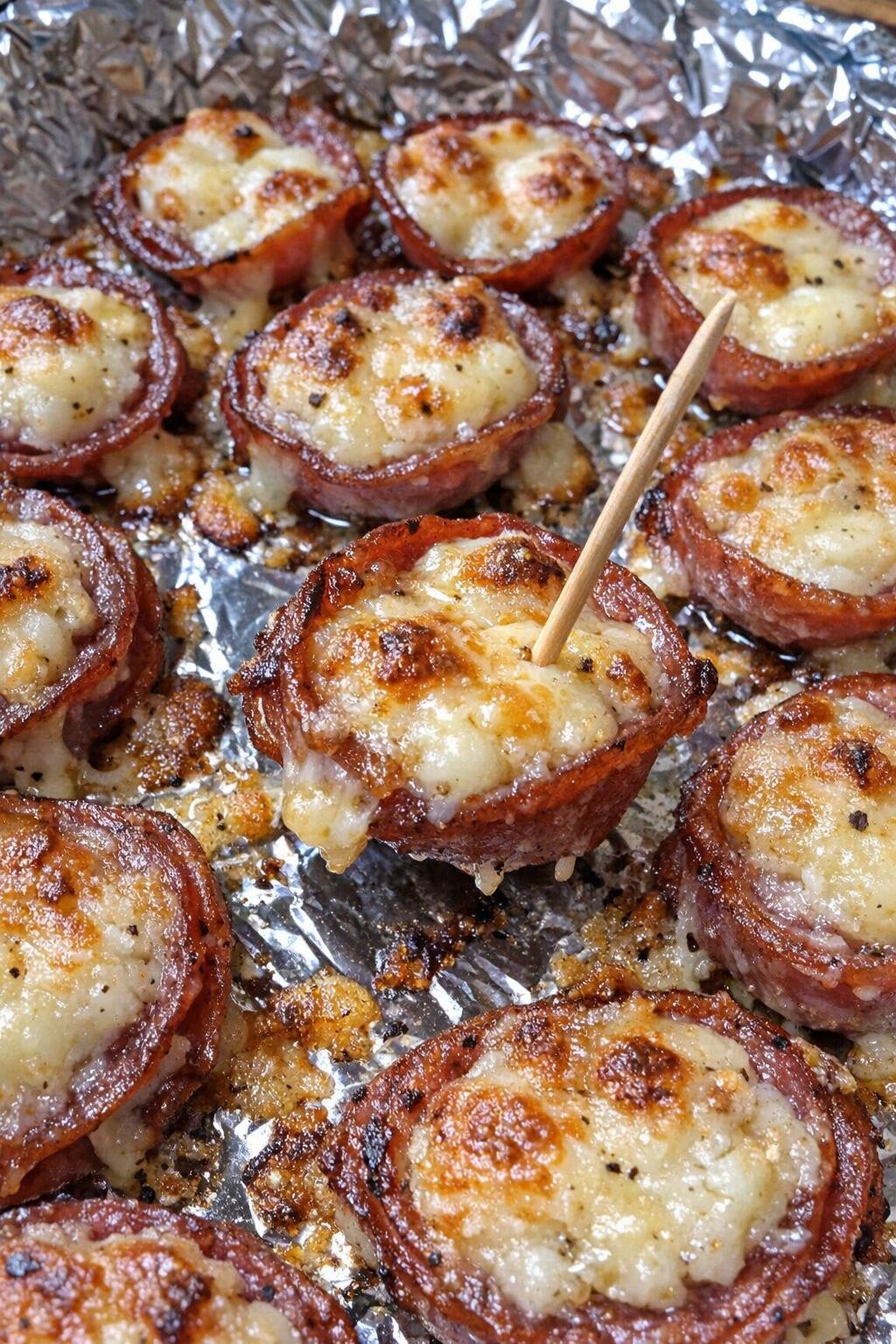 4-ingredient salami mercer bites on a foil-lined platter