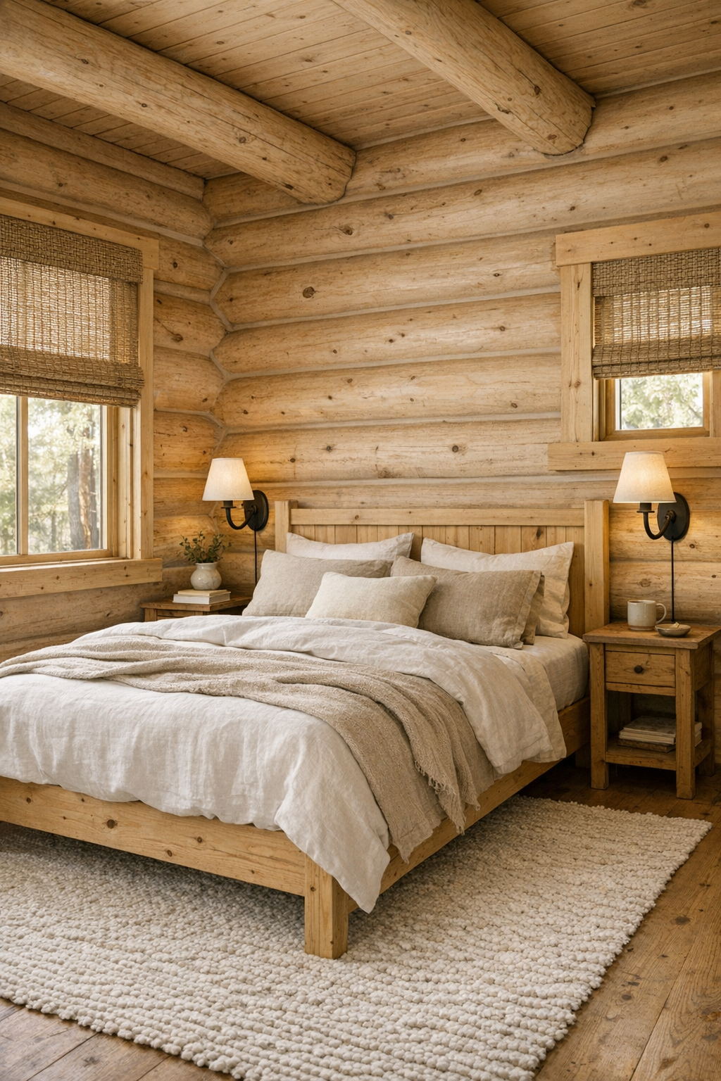 Serene bedroom with pale log walls, linen bedding, and layered neutral textures