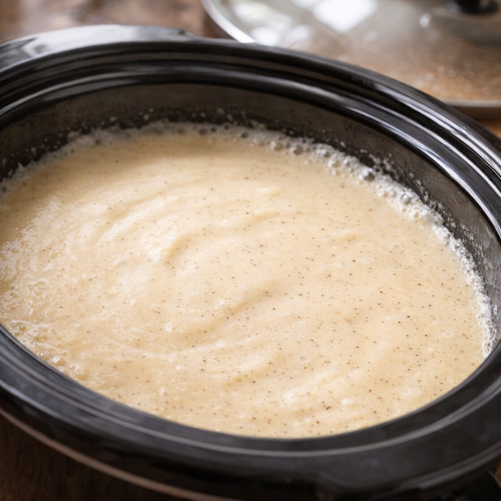 Freshly cooked vanilla custard cooling in the slow cooker