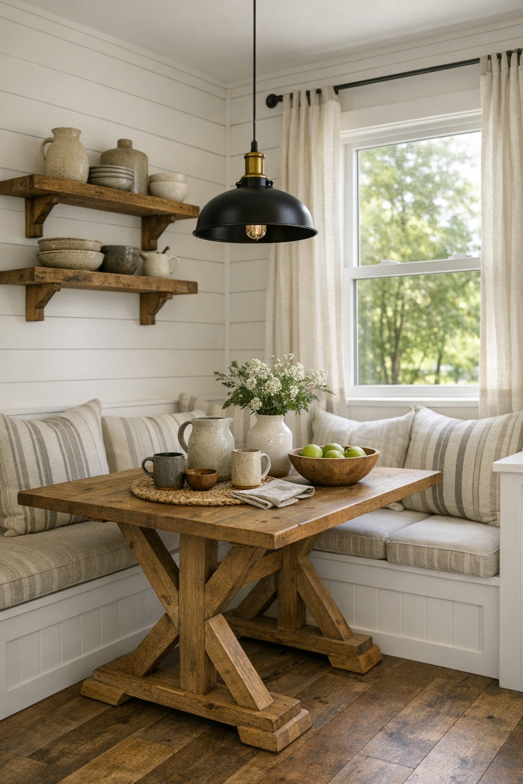 Cozy farmhouse dining nook with built-in banquette and natural wood table