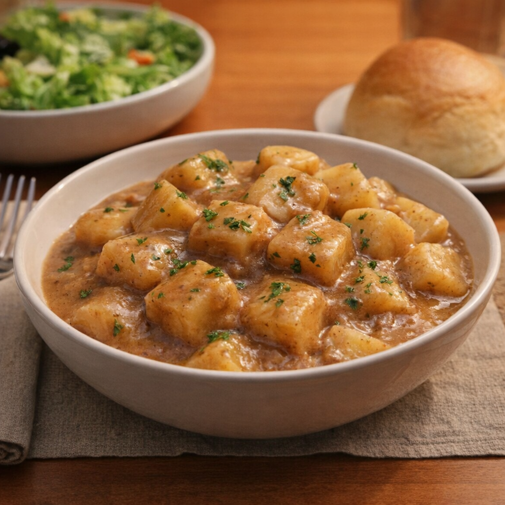 Bowl of gravy potatoes garnished with parsley and served for dinner