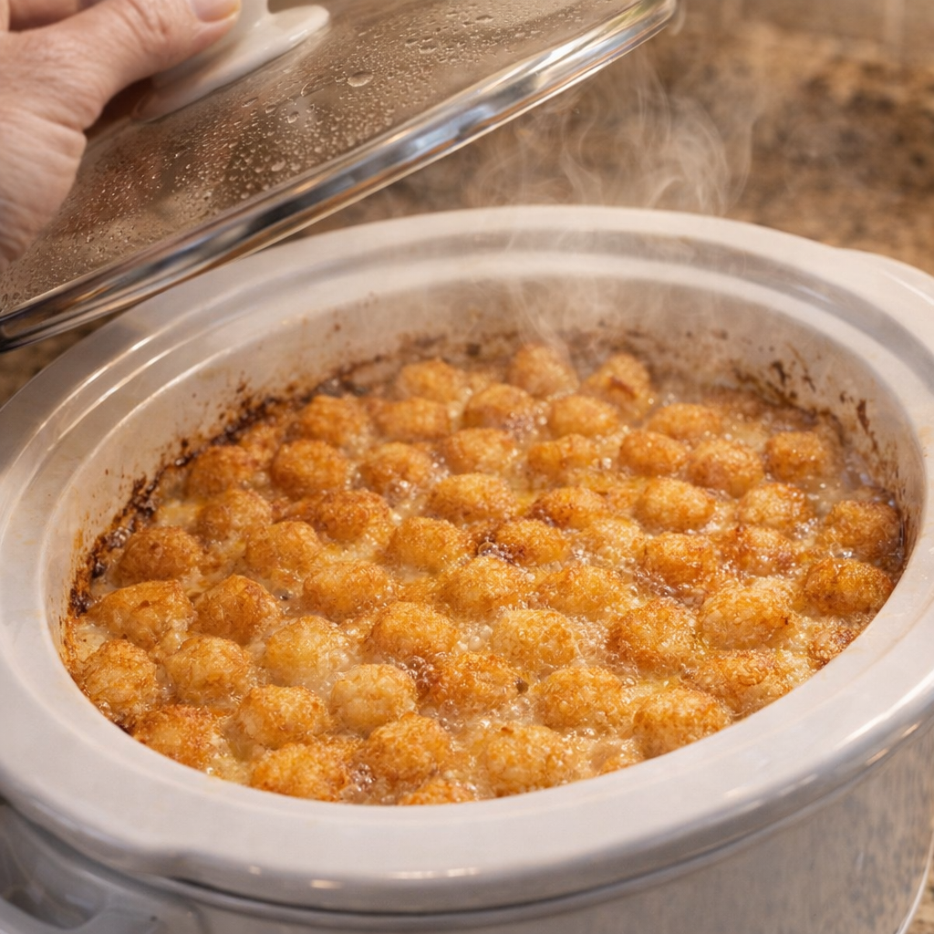 Golden tater tot top revealed under the slow cooker lid