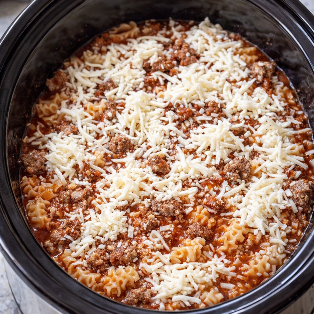 Uncooked pasta mixture layered in the slow cooker
