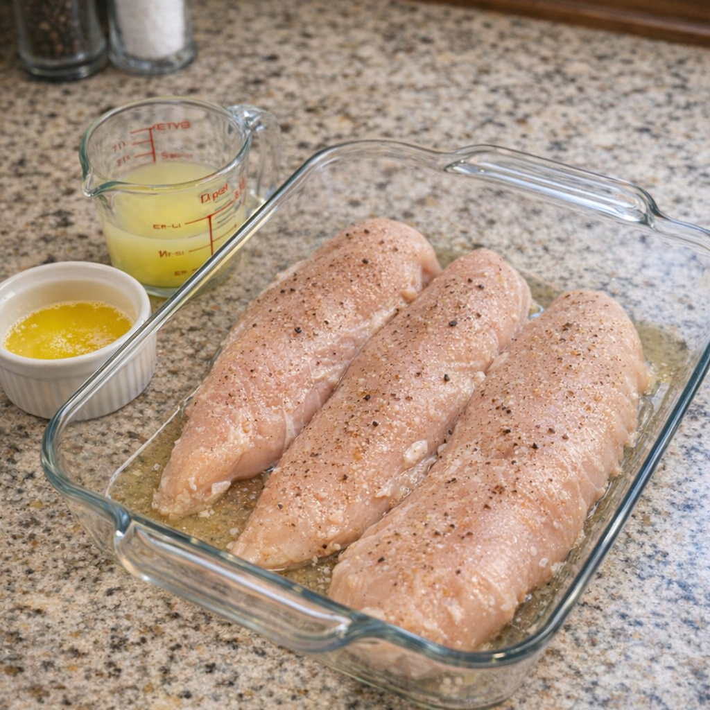 Glass baking dish with lemon chicken ingredients on a farmhouse counter