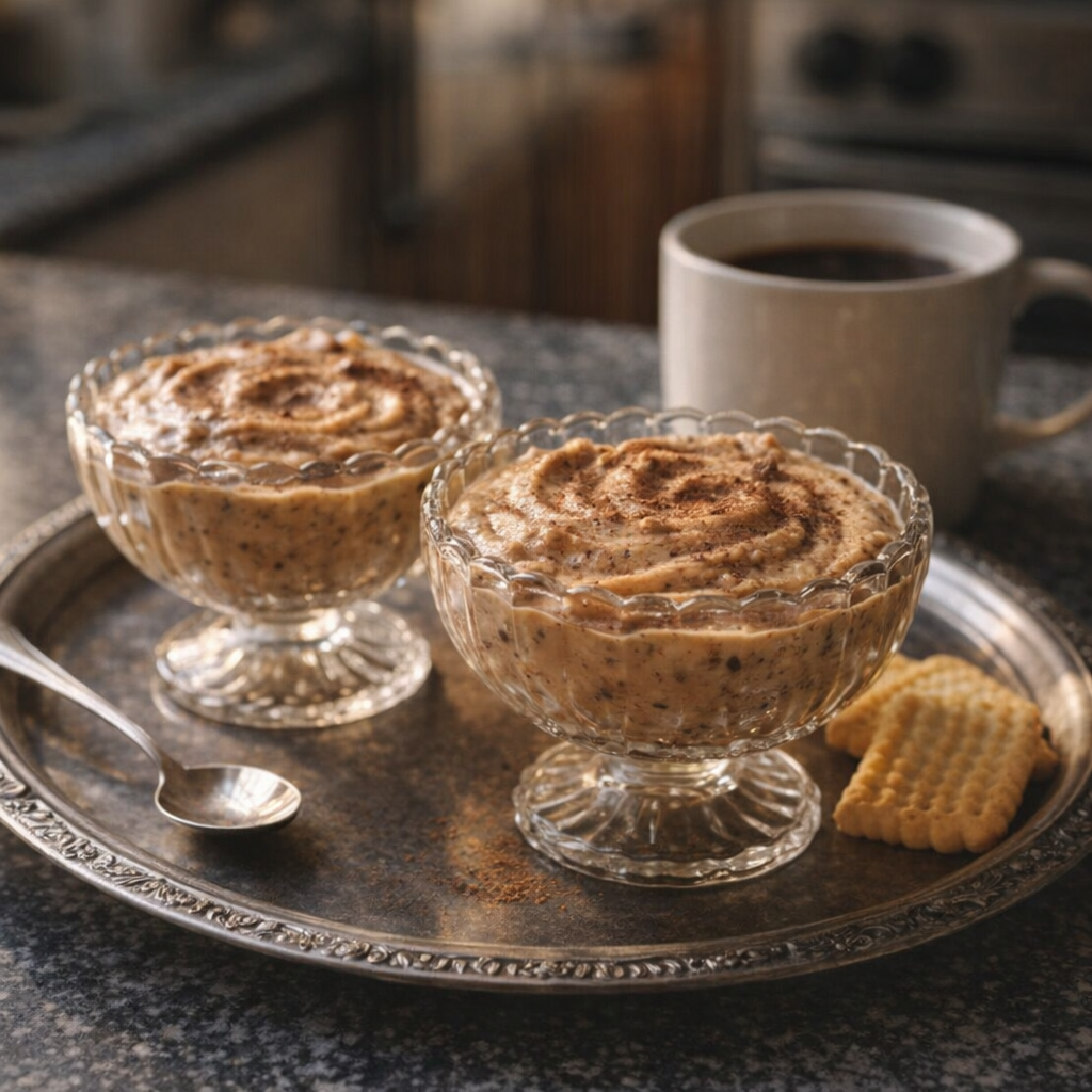 Plated servings of coffee chocolate fluff with cookies and coffee