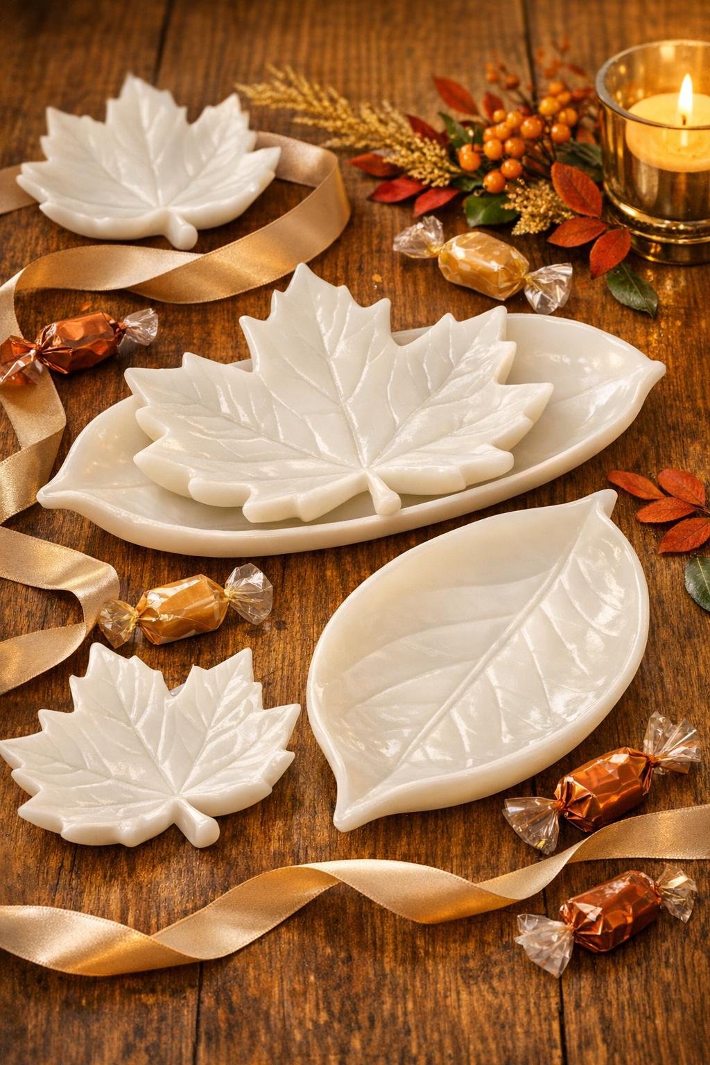 Finished wax leaf trays styled on a fall table