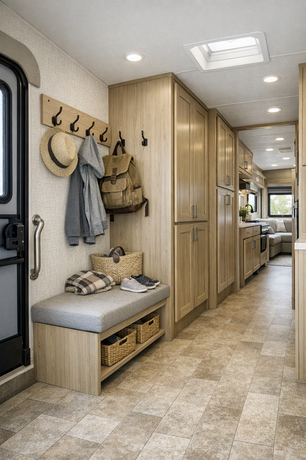 Accessible RV camper entry and hallway with built-in storage and pale wood finishes