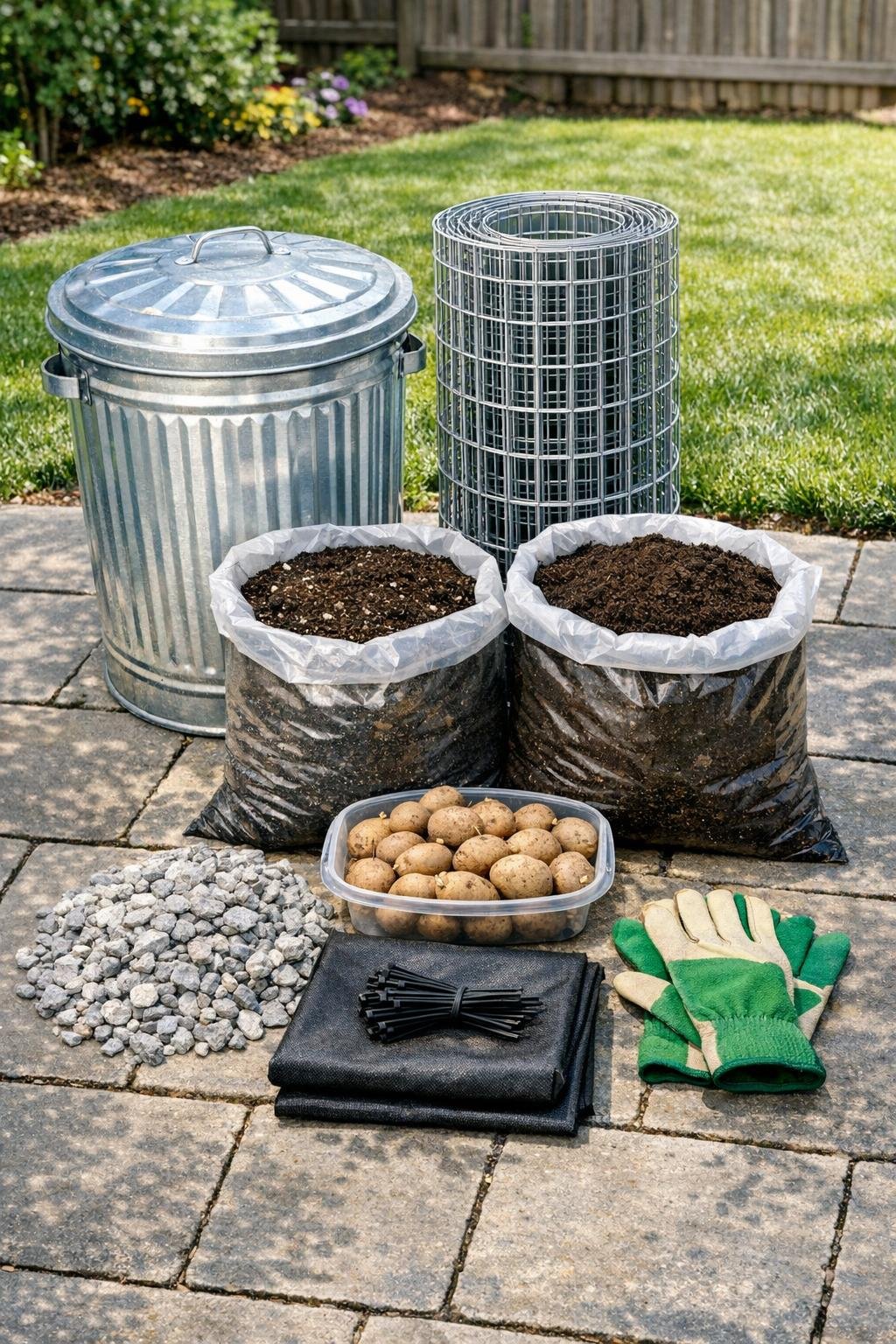 Galvanized trash can, wire garden fencing, soil, seed potatoes, and hardware laid out for the project
