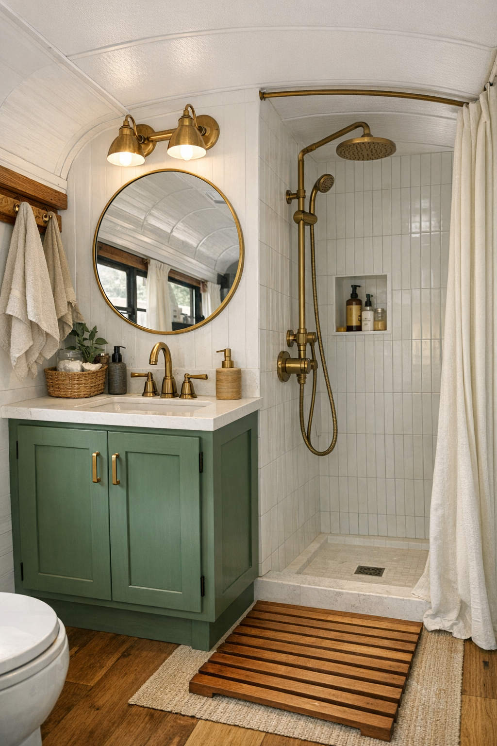 Small stylish bathroom in a converted bus with a green vanity and tiled shower