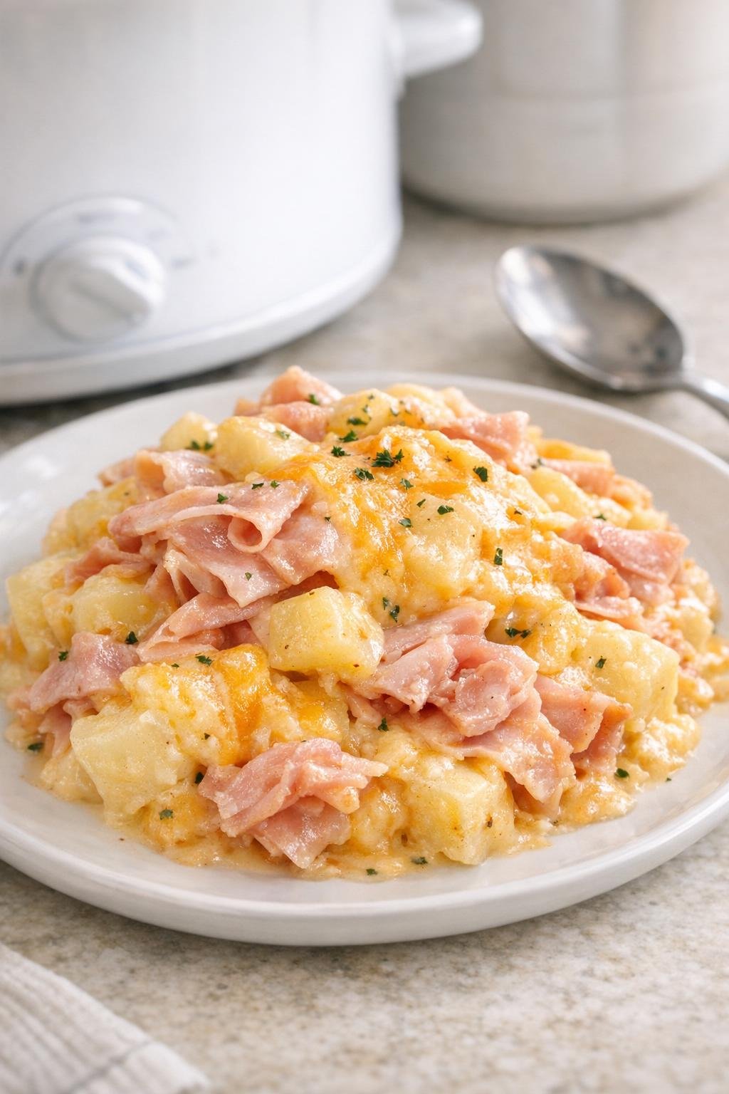 Finished cheesy ham and potato casserole plated