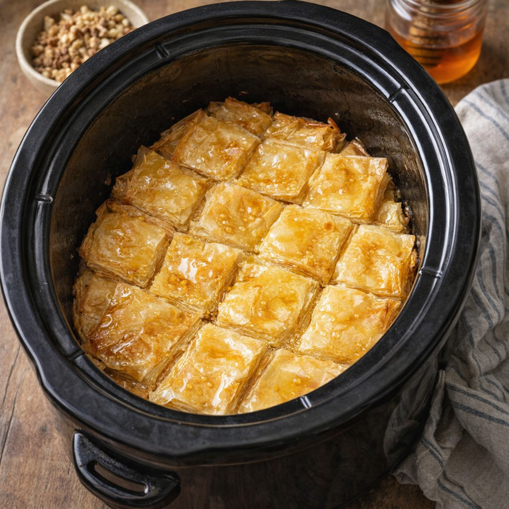 Slow cooker phyllo dessert on a farmhouse table