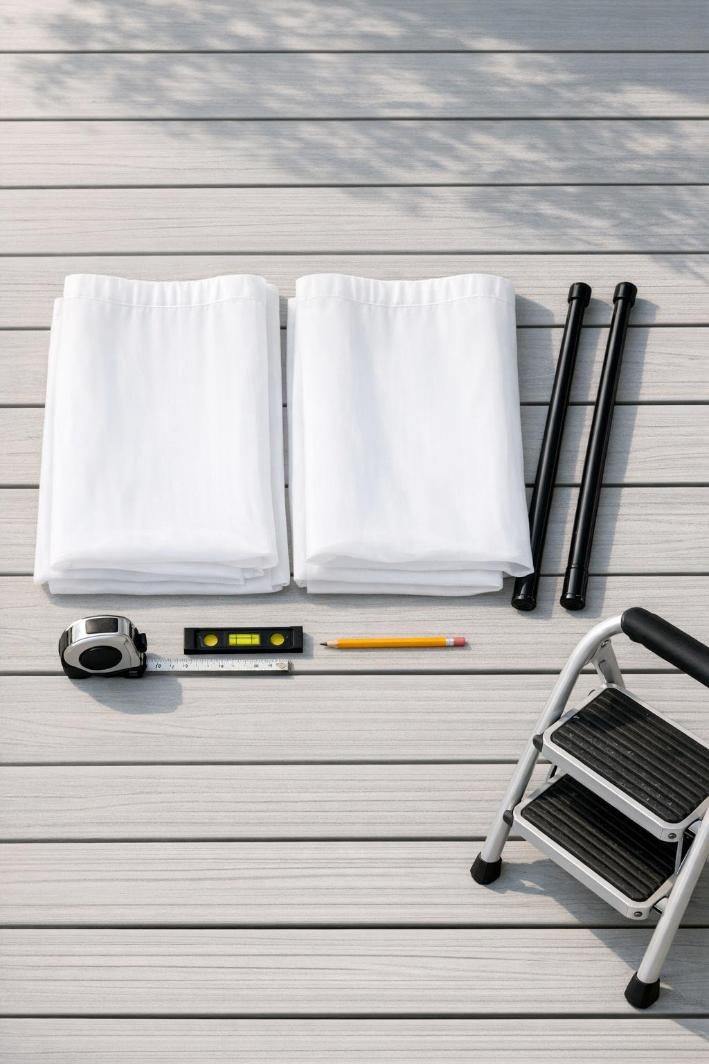 Materials for a porch privacy screen laid out together