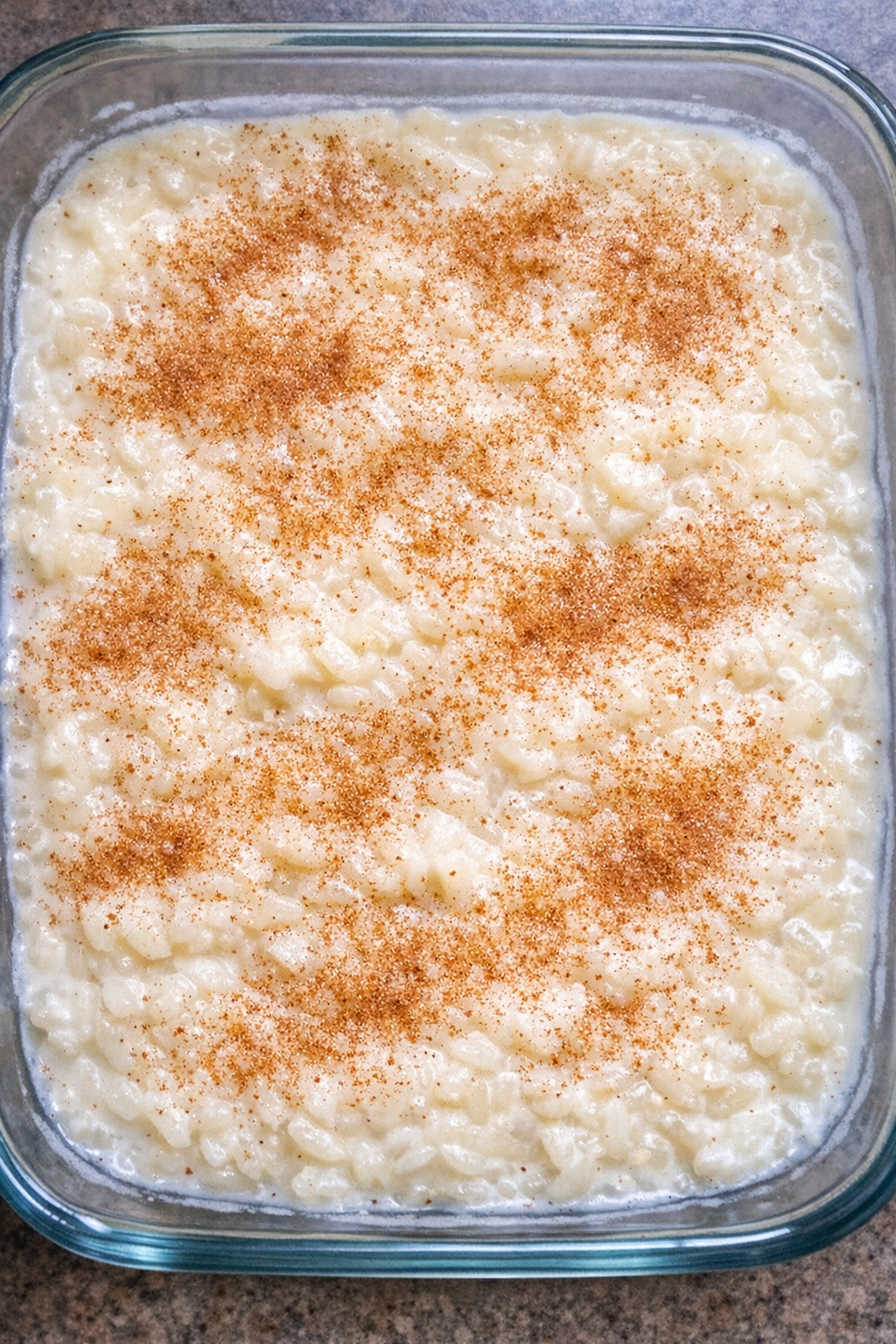 3-ingredient rice pudding in a glass casserole dish