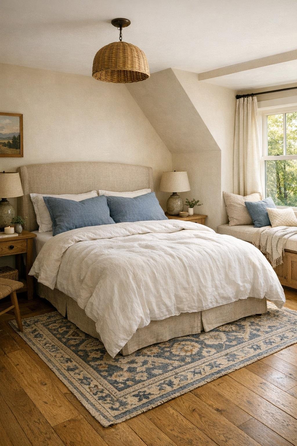 Peaceful cottage bedroom with linen headboard, oak floors, and soft blue-gray accents