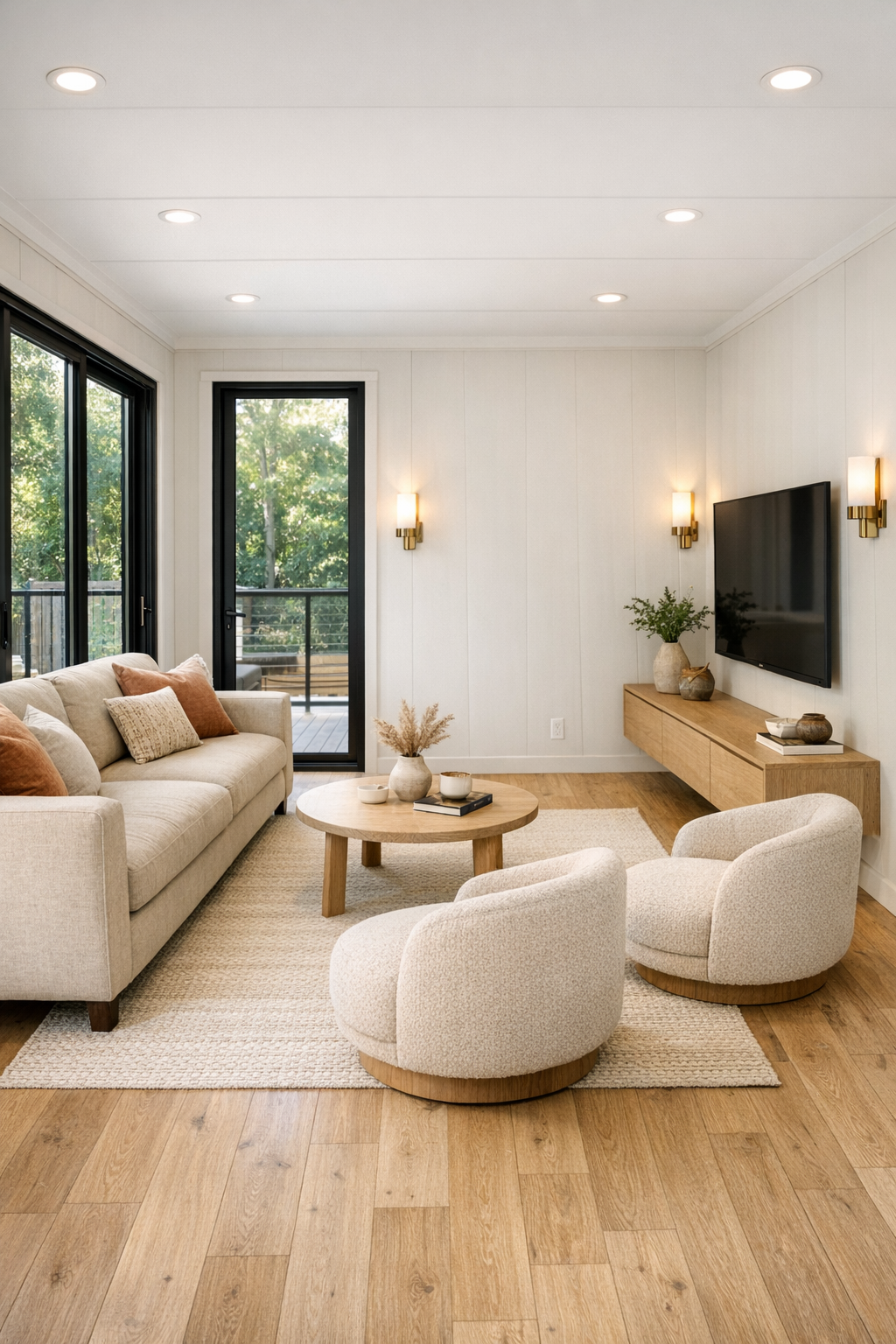 Bright accessible living room with oatmeal sofa, pale oak floors, and warm layered lighting