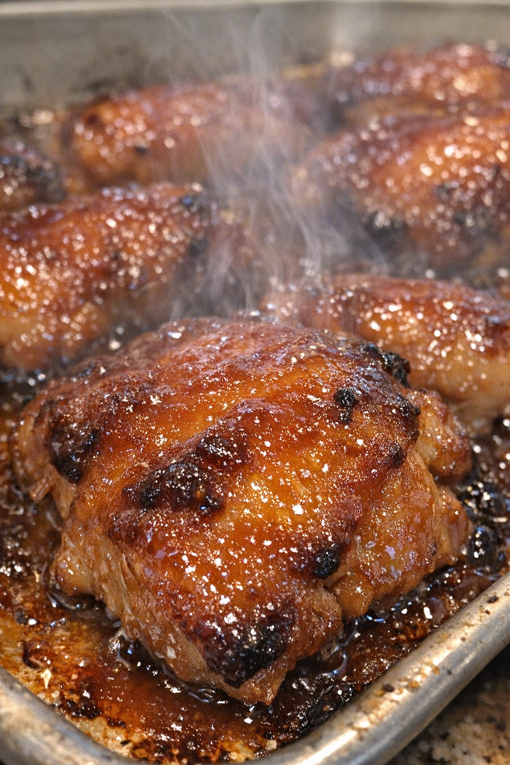 Roasted protein in amber sauce on a baking sheet