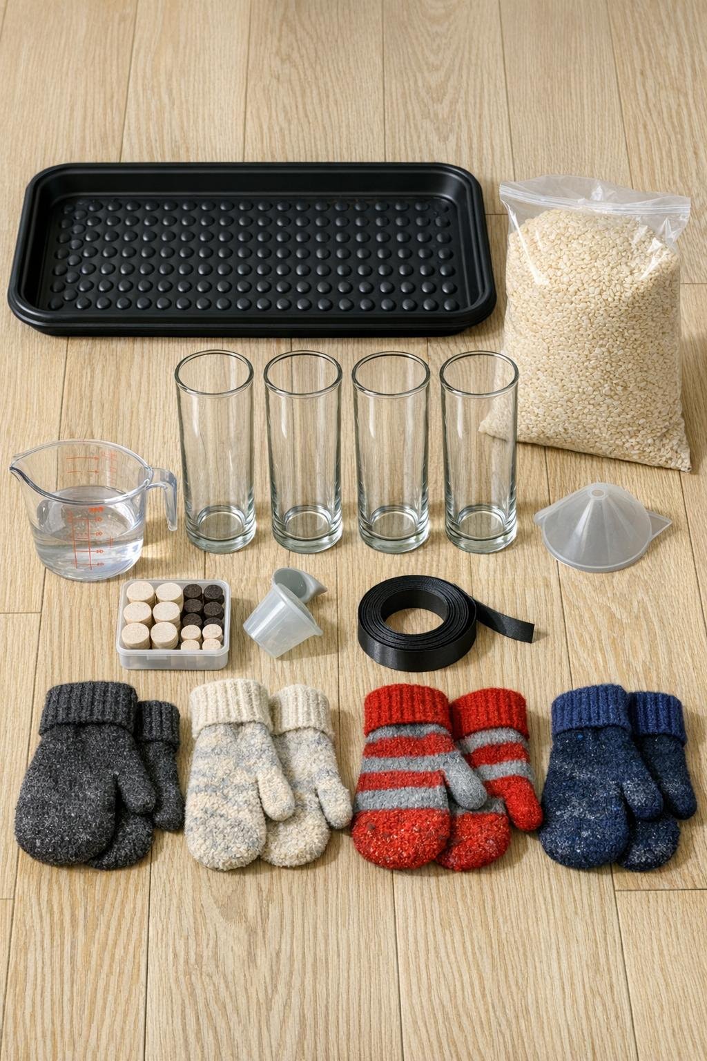 Materials for a mitten dryer laid out on a boot tray