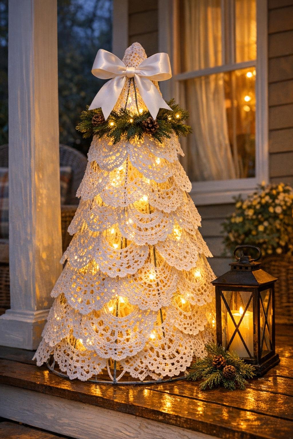 Finished glowing lace porch tree on a covered entry