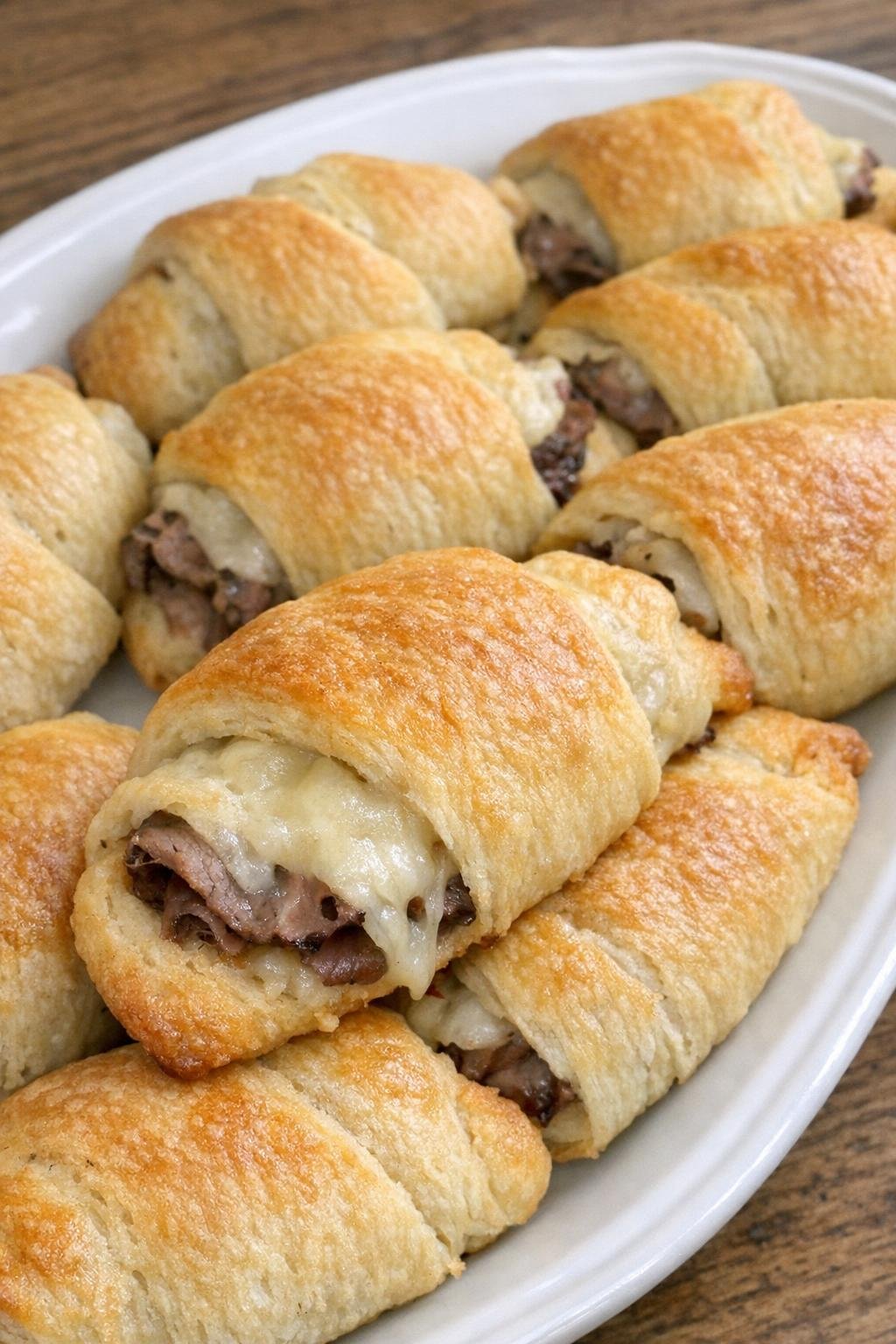 Golden brown crescent puffs filled with roast beef and Swiss cheese on a white platter