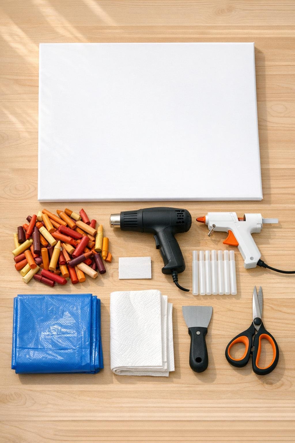Materials for dripped crayon canvas art laid out together
